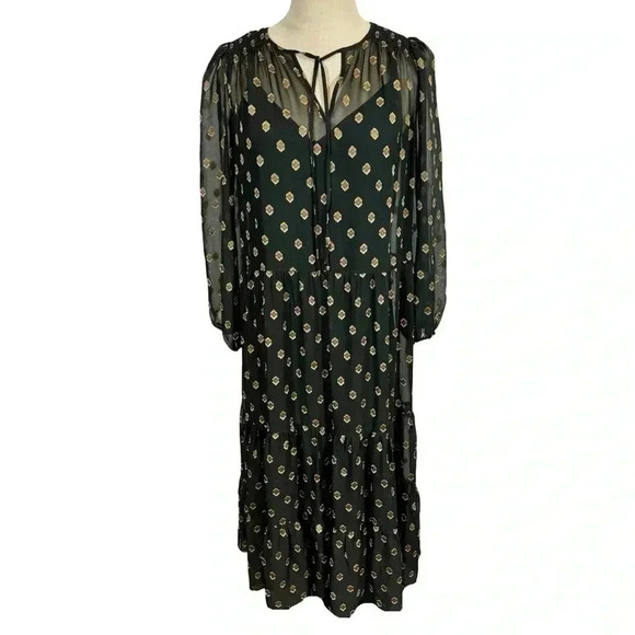 Shoshanna Benson Tiered Long Sleeve Sheer Metallic Chiffon Midi Dress Jet/Bronze - Picture 6 of 12